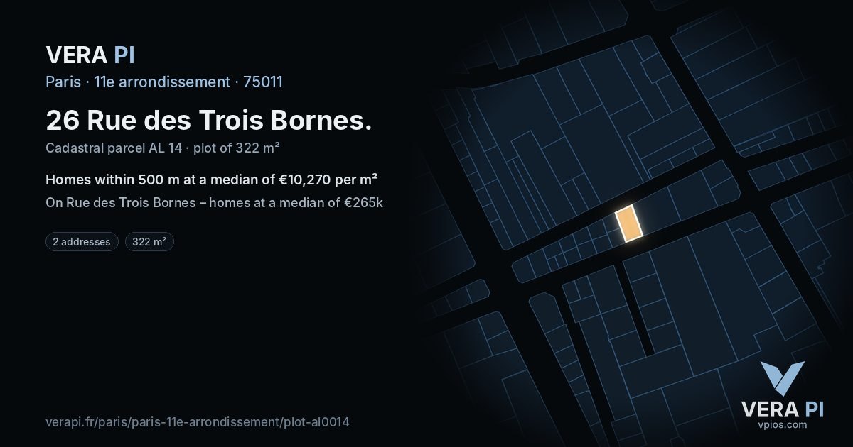 26 Rue des Trois Bornes, 11e arrondissement at night – the plot lit, the parcels around coloured by the prices near them