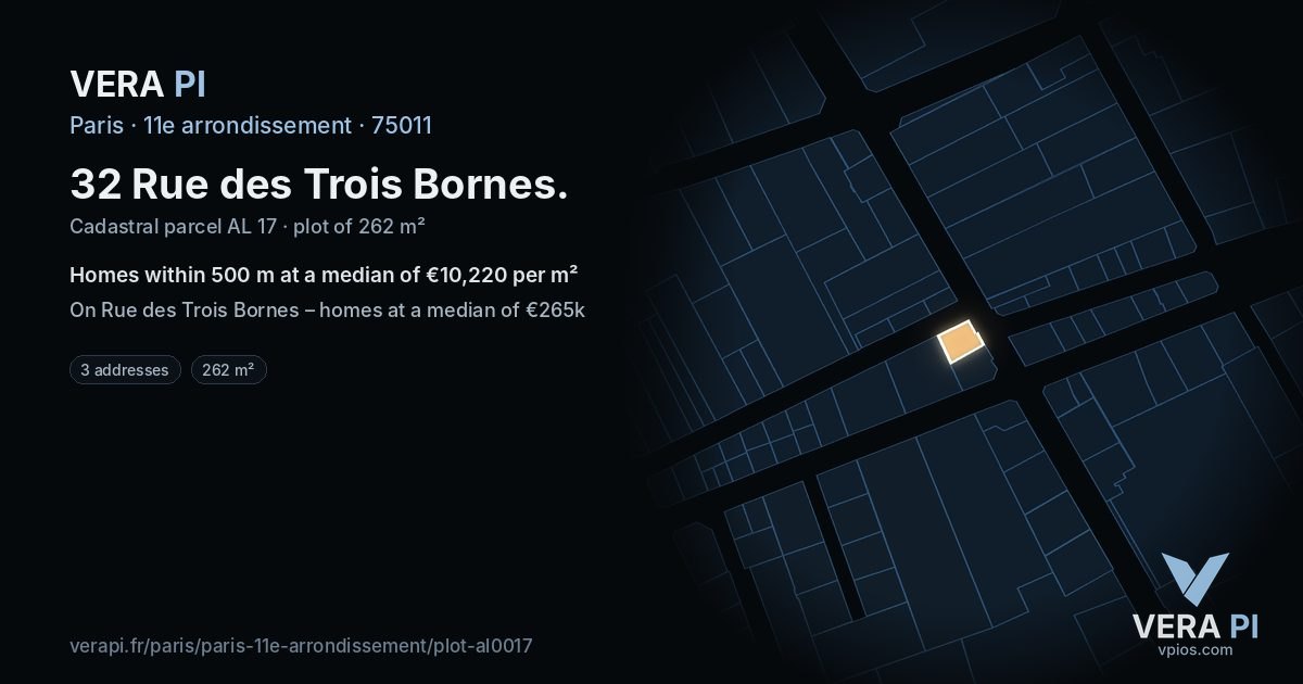 32 Rue des Trois Bornes, 11e arrondissement at night – the plot lit, the parcels around coloured by the prices near them