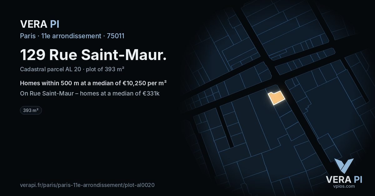 129 Rue Saint-Maur, 11e arrondissement at night – the plot lit, the parcels around coloured by the prices near them