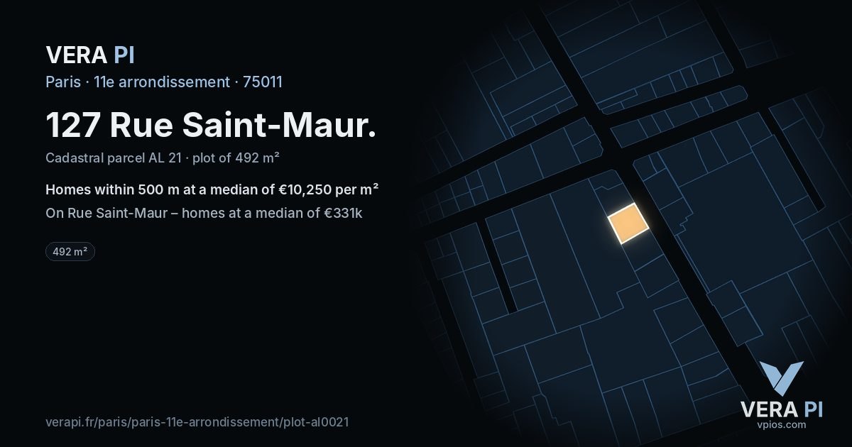 127 Rue Saint-Maur, 11e arrondissement at night – the plot lit, the parcels around coloured by the prices near them