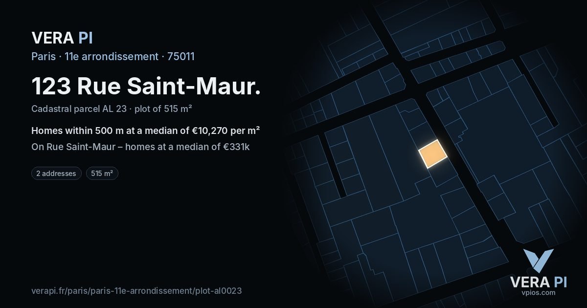 123 Rue Saint-Maur, 11e arrondissement at night – the plot lit, the parcels around coloured by the prices near them