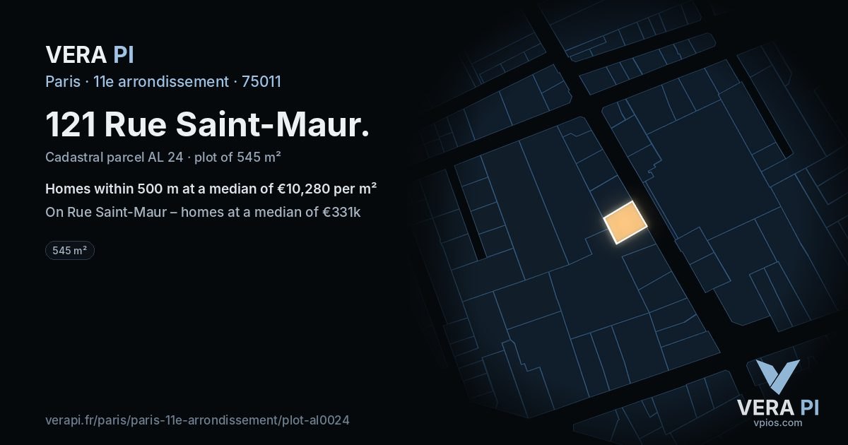 121 Rue Saint-Maur, 11e arrondissement at night – the plot lit, the parcels around coloured by the prices near them