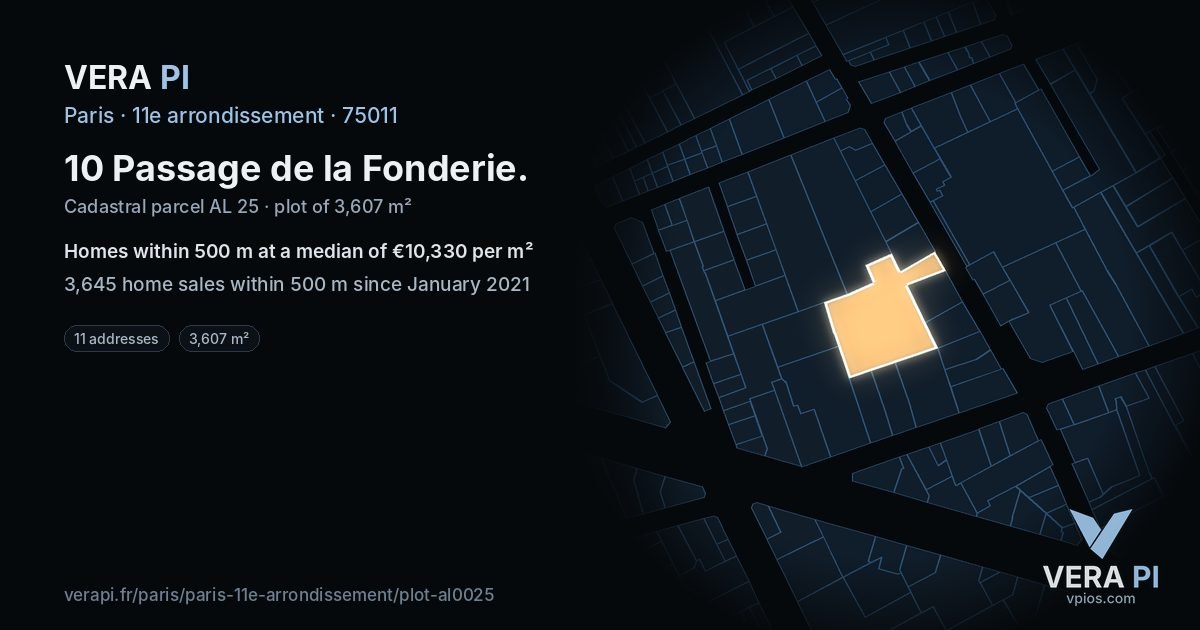 10 Passage de la Fonderie, 11e arrondissement at night – the plot lit, the parcels around coloured by the prices near them
