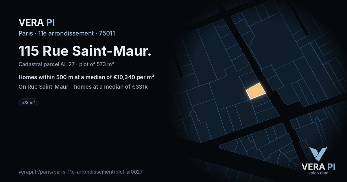 115 Rue Saint-Maur, 11e arrondissement at night – the plot lit, the parcels around coloured by the prices near them