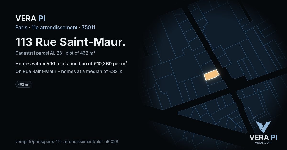 113 Rue Saint-Maur, 11e arrondissement at night – the plot lit, the parcels around coloured by the prices near them