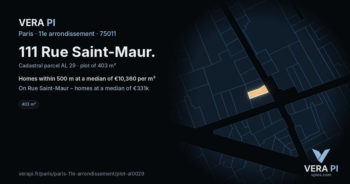 111 Rue Saint-Maur, 11e arrondissement at night – the plot lit, the parcels around coloured by the prices near them