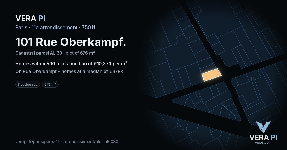 101 Rue Oberkampf, 11e arrondissement at night – the plot lit, the parcels around coloured by the prices near them