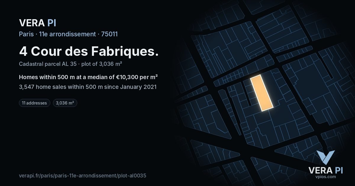 4 Cour des Fabriques, 11e arrondissement at night – the plot lit, the parcels around coloured by the prices near them