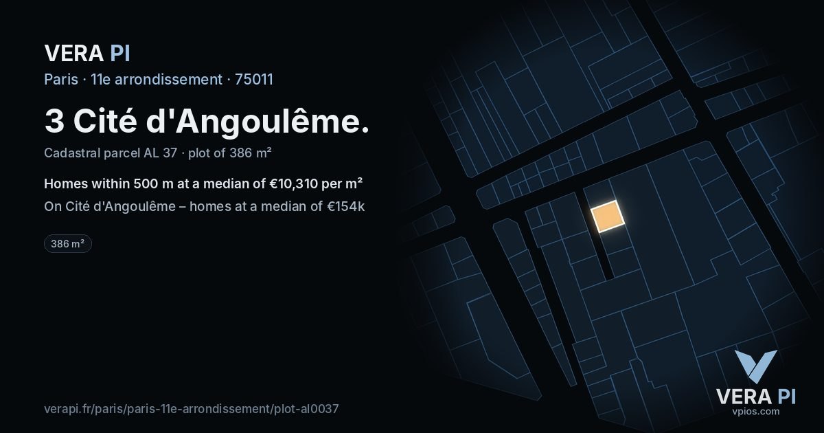3 Cité d'Angoulême, 11e arrondissement at night – the plot lit, the parcels around coloured by the prices near them