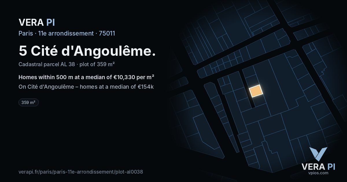 5 Cité d'Angoulême, 11e arrondissement at night – the plot lit, the parcels around coloured by the prices near them