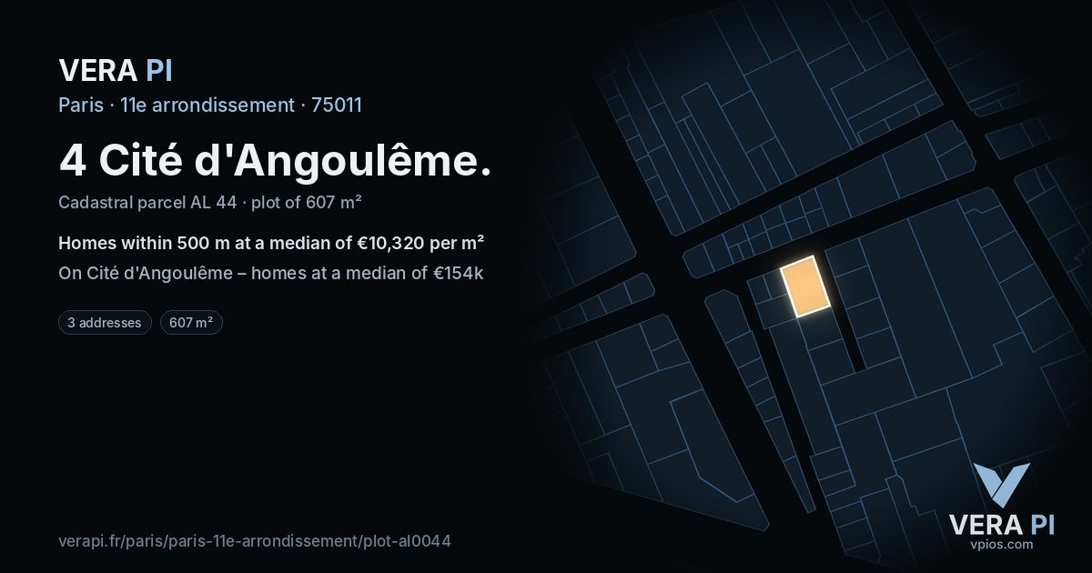 4 Cité d'Angoulême, 11e arrondissement at night – the plot lit, the parcels around coloured by the prices near them