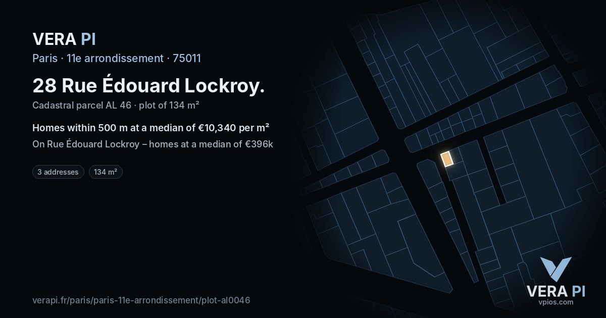 28 Rue Édouard Lockroy, 11e arrondissement at night – the plot lit, the parcels around coloured by the prices near them