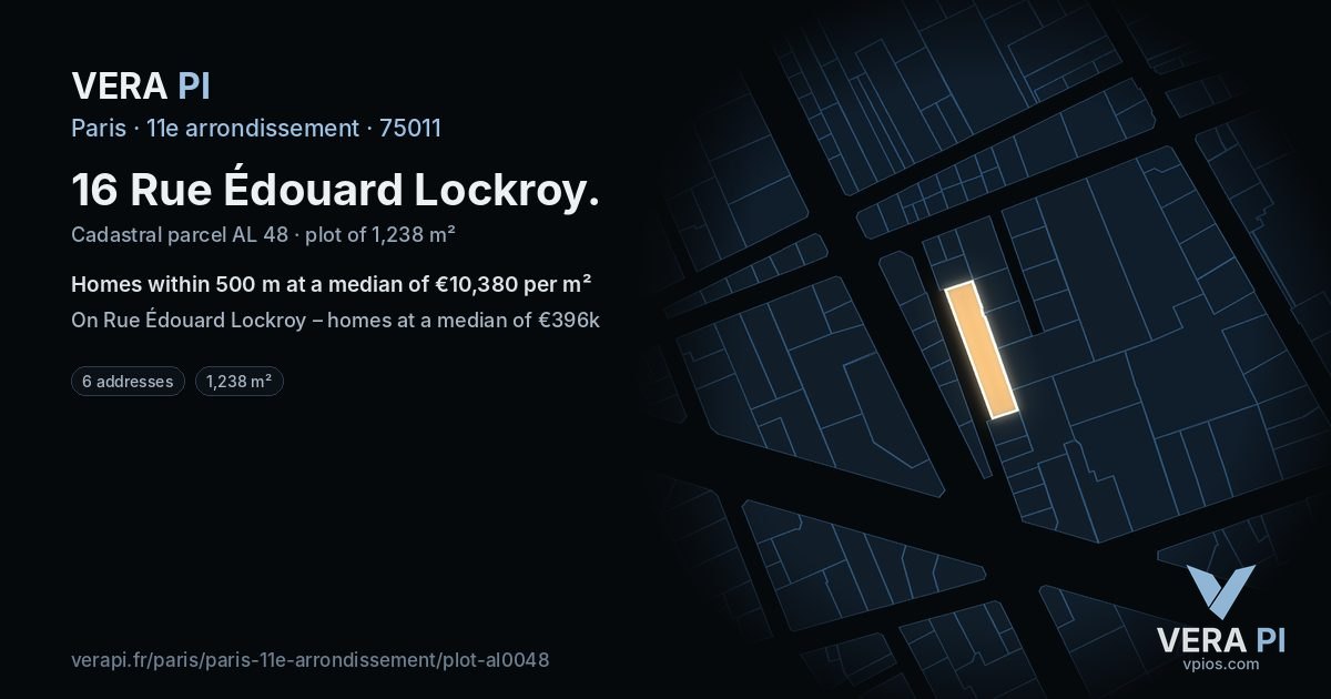 16 Rue Édouard Lockroy, 11e arrondissement at night – the plot lit, the parcels around coloured by the prices near them