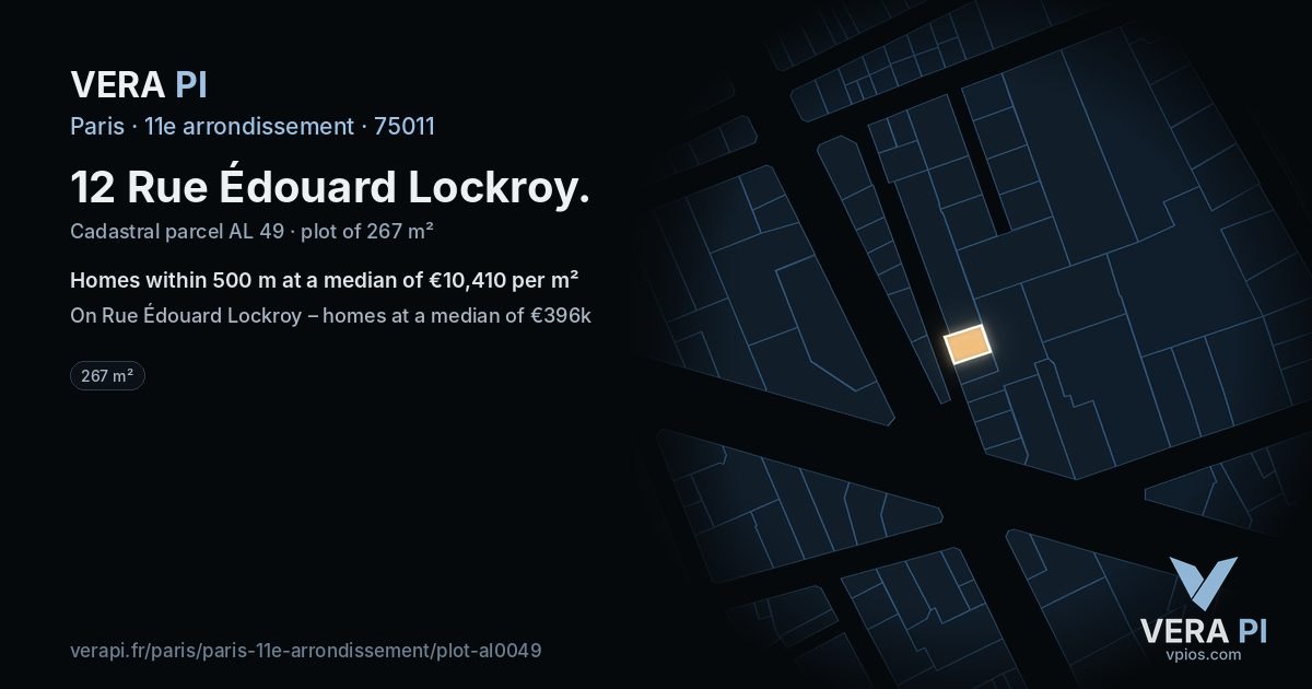 12 Rue Édouard Lockroy, 11e arrondissement at night – the plot lit, the parcels around coloured by the prices near them