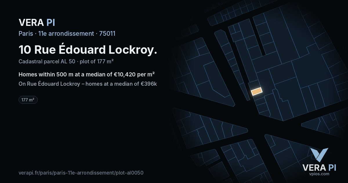 10 Rue Édouard Lockroy, 11e arrondissement at night – the plot lit, the parcels around coloured by the prices near them