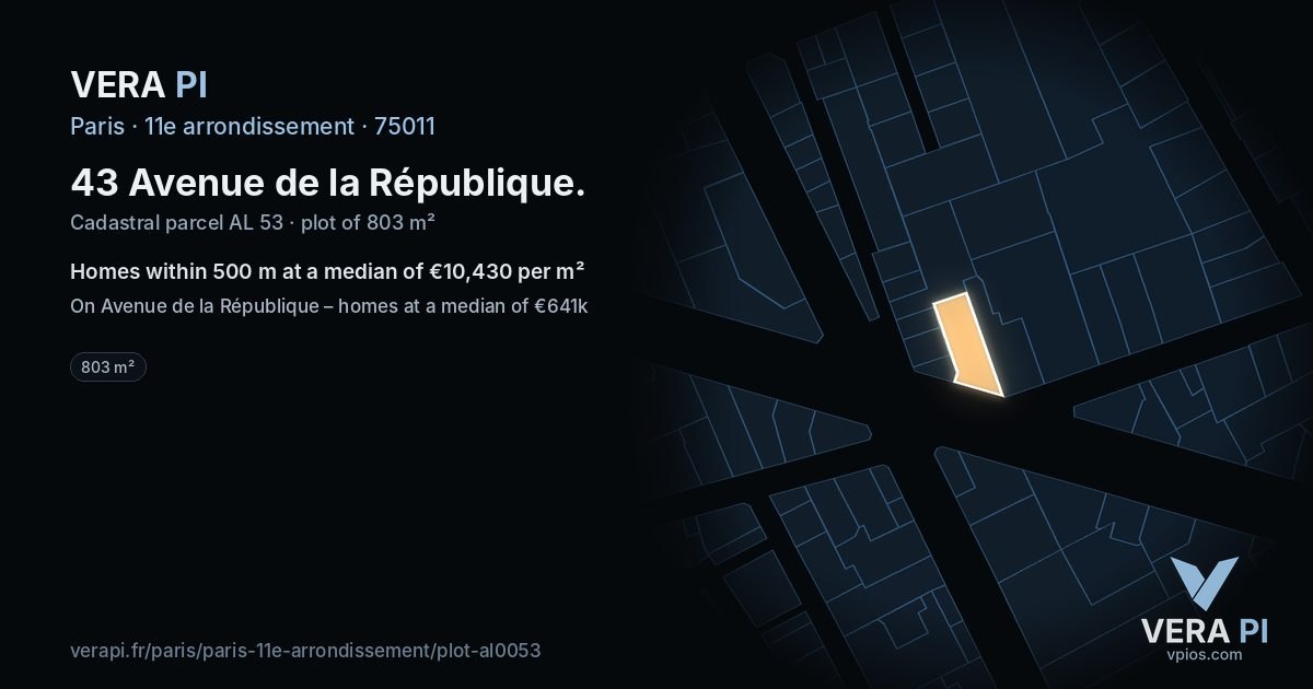 43 Avenue de la République, 11e arrondissement at night – the plot lit, the parcels around coloured by the prices near them