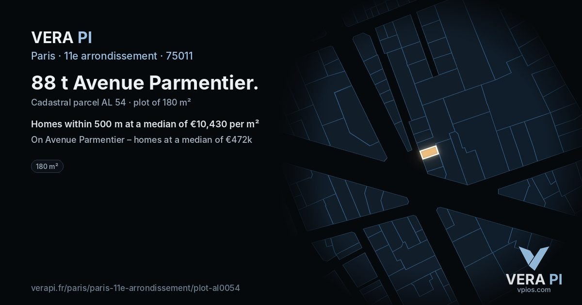 88 t Avenue Parmentier, 11e arrondissement at night – the plot lit, the parcels around coloured by the prices near them