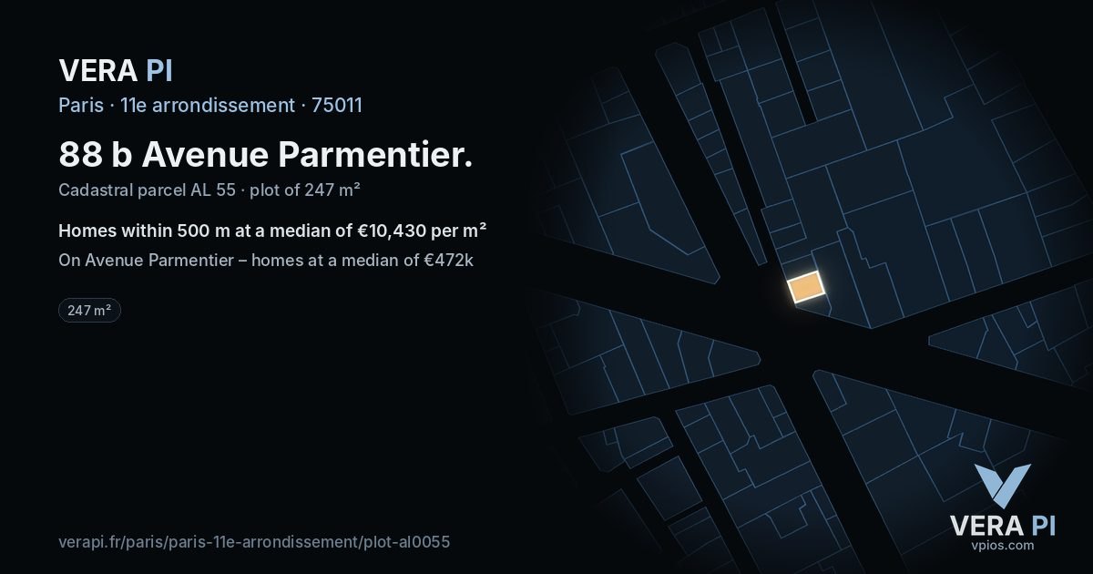88 b Avenue Parmentier, 11e arrondissement at night – the plot lit, the parcels around coloured by the prices near them