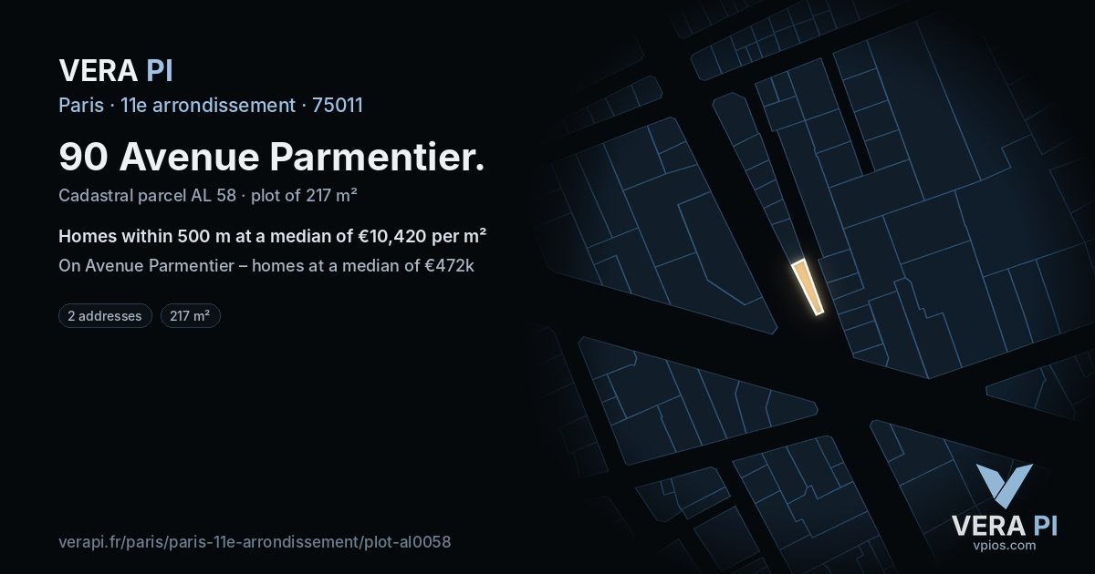 90 Avenue Parmentier, 11e arrondissement at night – the plot lit, the parcels around coloured by the prices near them