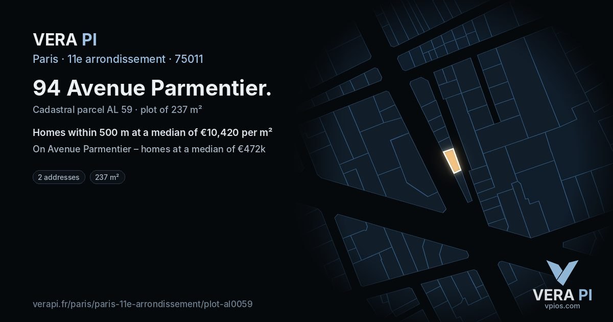 94 Avenue Parmentier, 11e arrondissement at night – the plot lit, the parcels around coloured by the prices near them