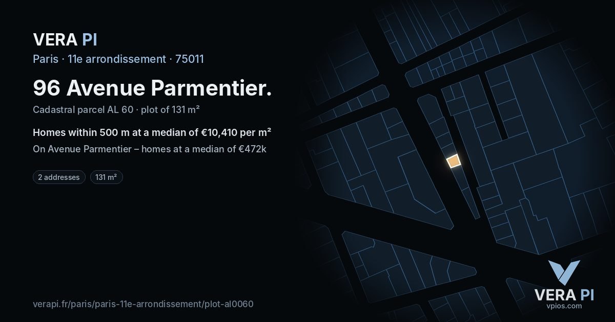 96 Avenue Parmentier, 11e arrondissement at night – the plot lit, the parcels around coloured by the prices near them