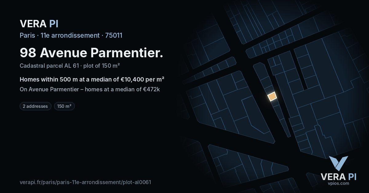 98 Avenue Parmentier, 11e arrondissement at night – the plot lit, the parcels around coloured by the prices near them