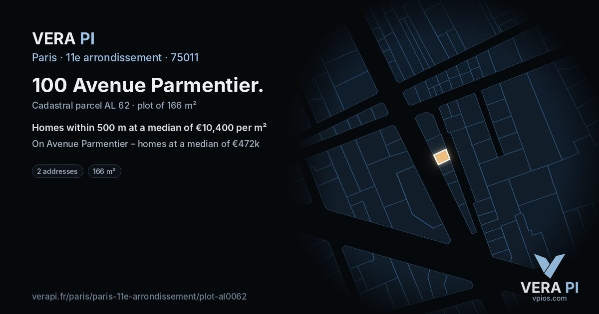 100 Avenue Parmentier, 11e arrondissement at night – the plot lit, the parcels around coloured by the prices near them