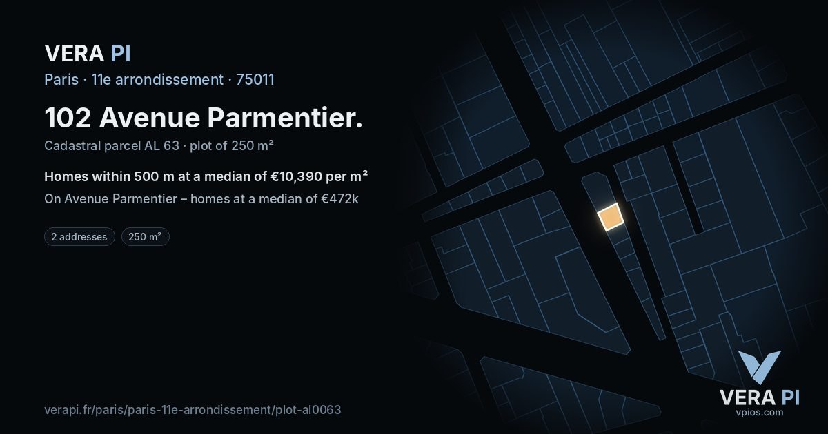 102 Avenue Parmentier, 11e arrondissement at night – the plot lit, the parcels around coloured by the prices near them