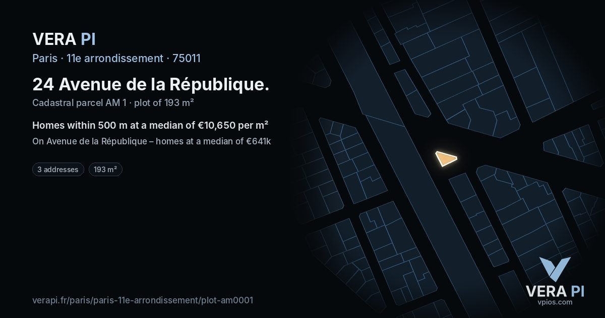 24 Avenue de la République, 11e arrondissement at night – the plot lit, the parcels around coloured by the prices near them