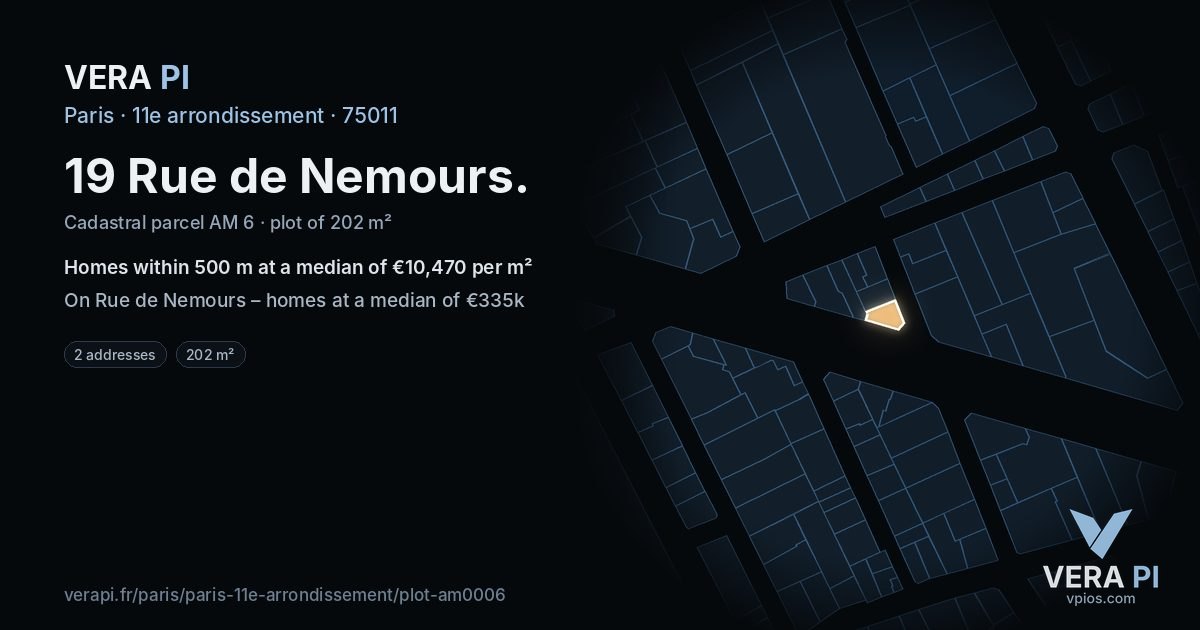 19 Rue de Nemours, 11e arrondissement at night – the plot lit, the parcels around coloured by the prices near them