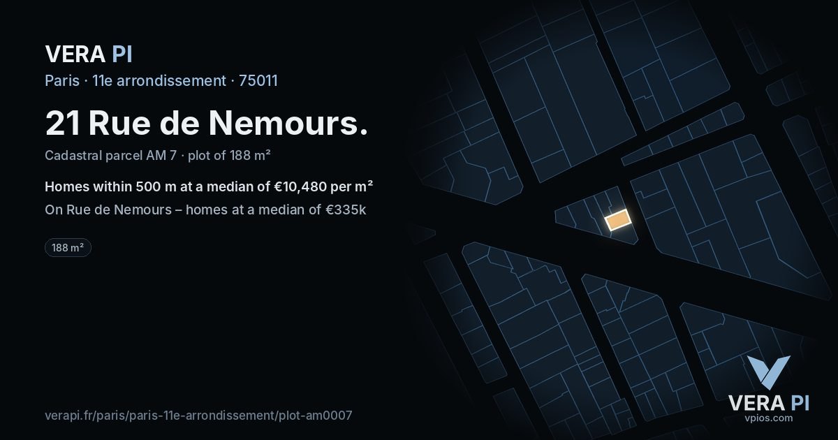 21 Rue de Nemours, 11e arrondissement at night – the plot lit, the parcels around coloured by the prices near them