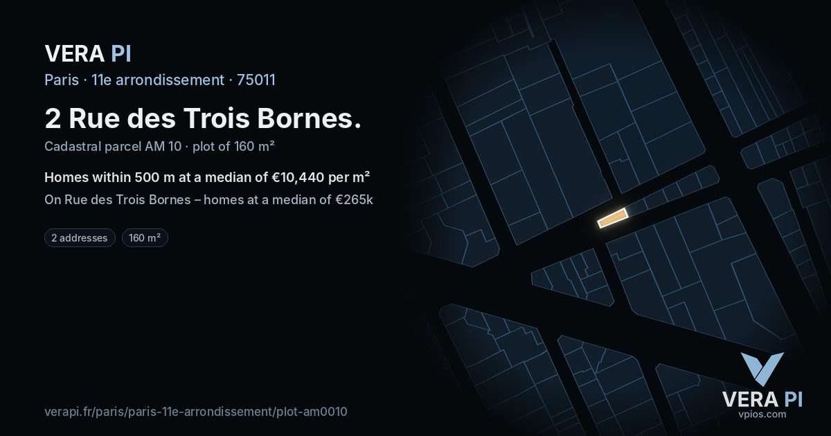 2 Rue des Trois Bornes, 11e arrondissement at night – the plot lit, the parcels around coloured by the prices near them