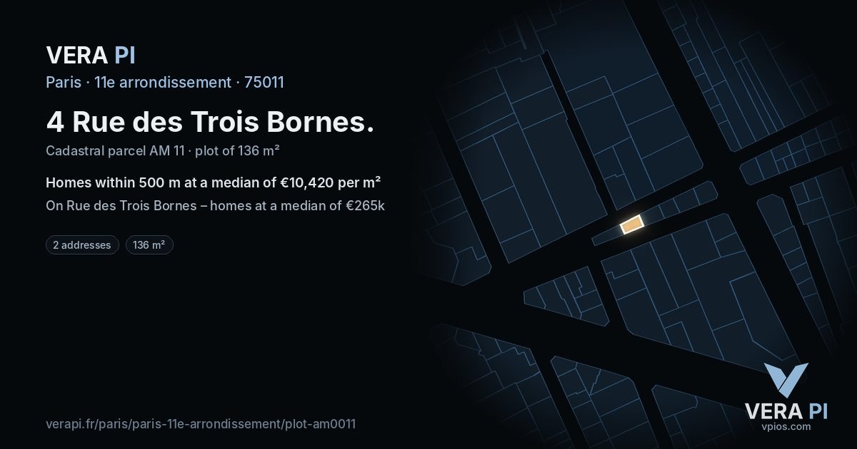 4 Rue des Trois Bornes, 11e arrondissement at night – the plot lit, the parcels around coloured by the prices near them