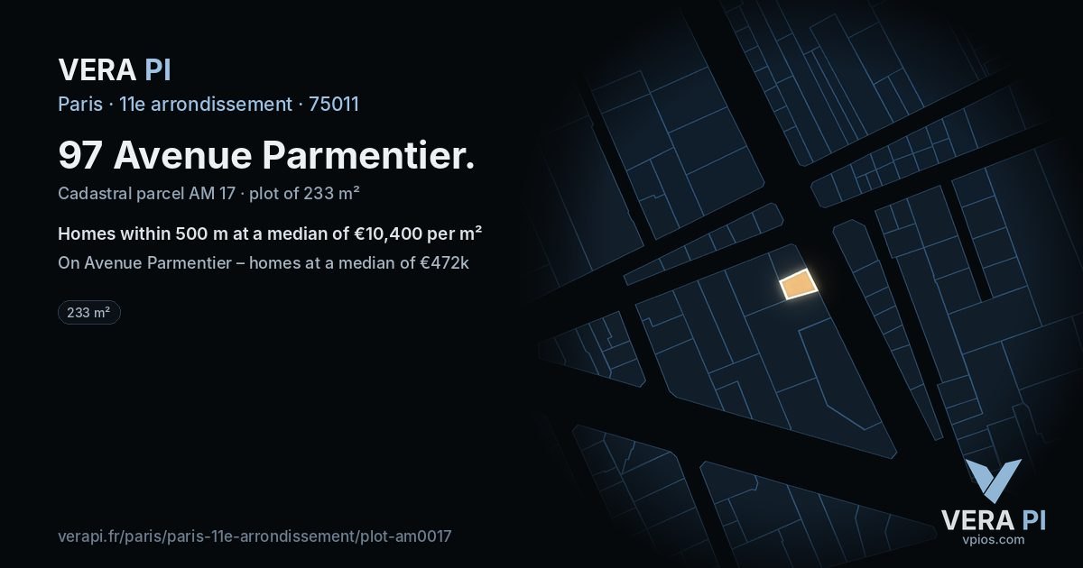 97 Avenue Parmentier, 11e arrondissement at night – the plot lit, the parcels around coloured by the prices near them