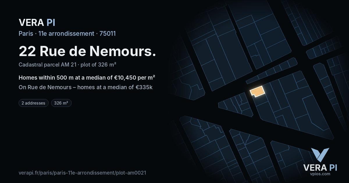 22 Rue de Nemours, 11e arrondissement at night – the plot lit, the parcels around coloured by the prices near them