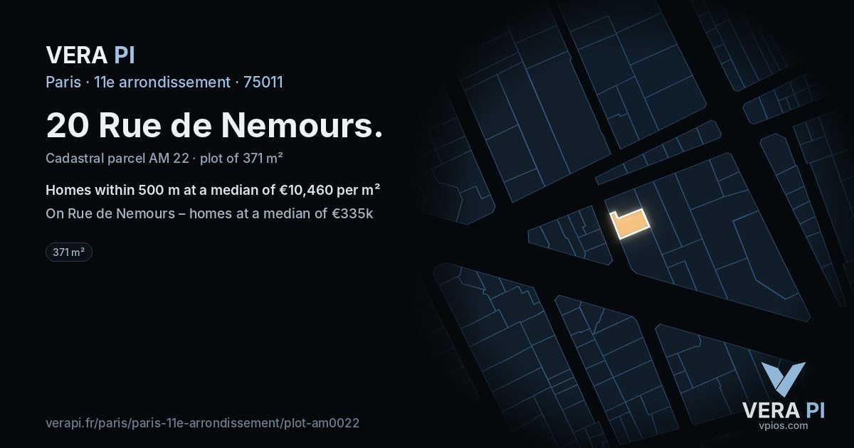 20 Rue de Nemours, 11e arrondissement at night – the plot lit, the parcels around coloured by the prices near them