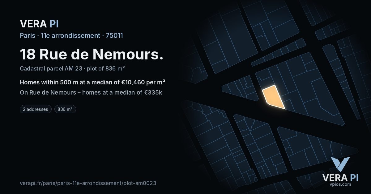 18 Rue de Nemours, 11e arrondissement at night – the plot lit, the parcels around coloured by the prices near them