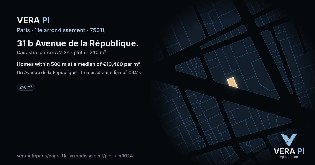 31 b Avenue de la République, 11e arrondissement at night – the plot lit, the parcels around coloured by the prices near them