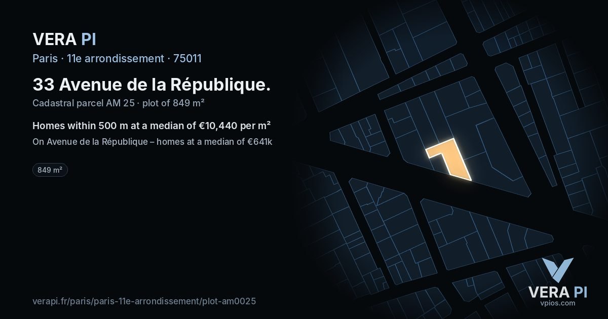 33 Avenue de la République, 11e arrondissement at night – the plot lit, the parcels around coloured by the prices near them