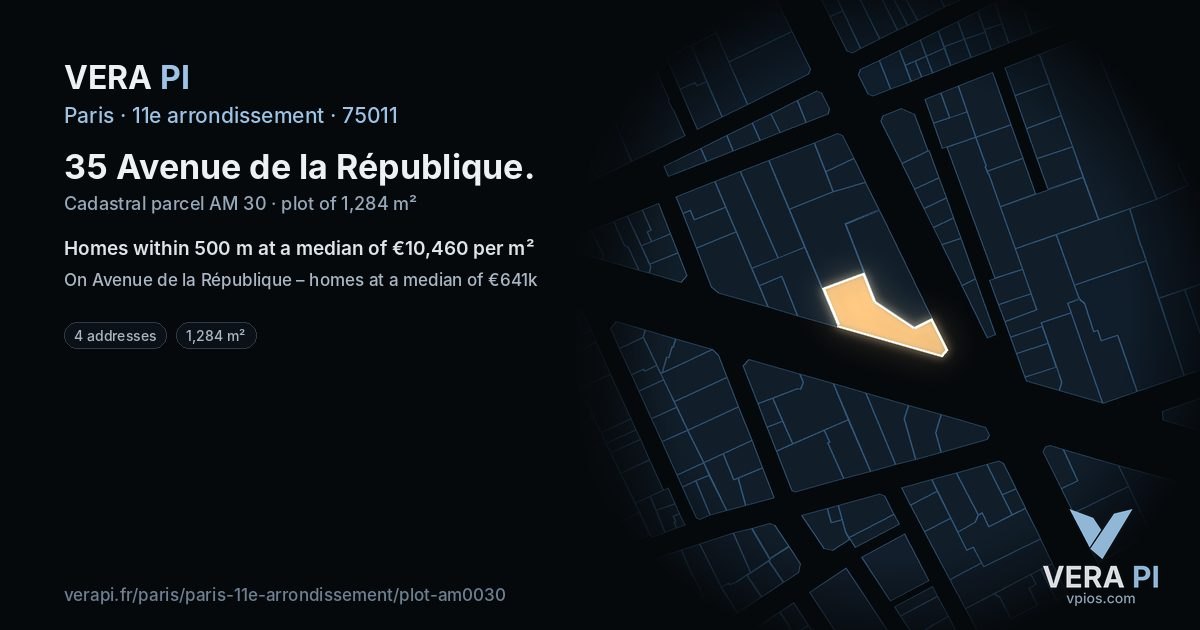 35 Avenue de la République, 11e arrondissement at night – the plot lit, the parcels around coloured by the prices near them
