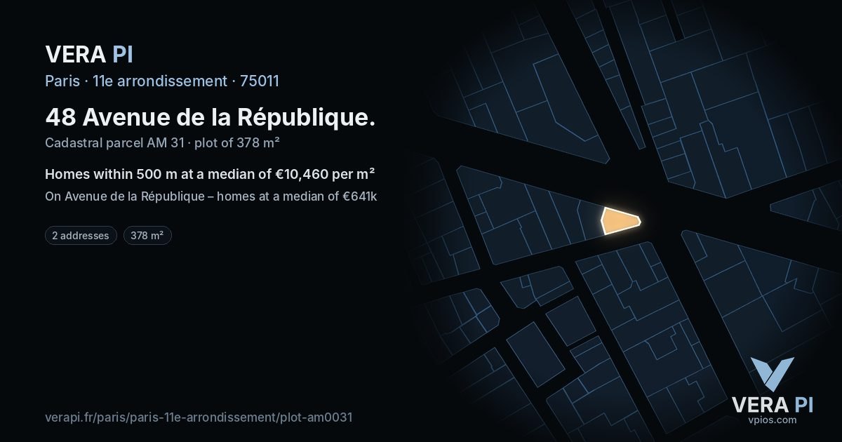 48 Avenue de la République, 11e arrondissement at night – the plot lit, the parcels around coloured by the prices near them