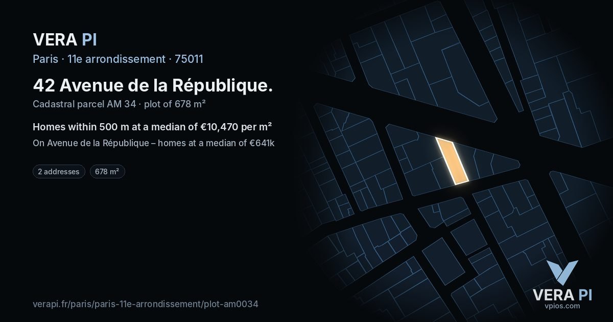 42 Avenue de la République, 11e arrondissement at night – the plot lit, the parcels around coloured by the prices near them