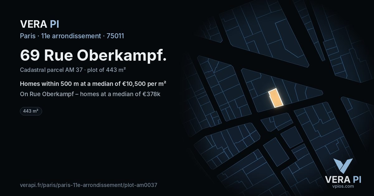 69 Rue Oberkampf, 11e arrondissement at night – the plot lit, the parcels around coloured by the prices near them