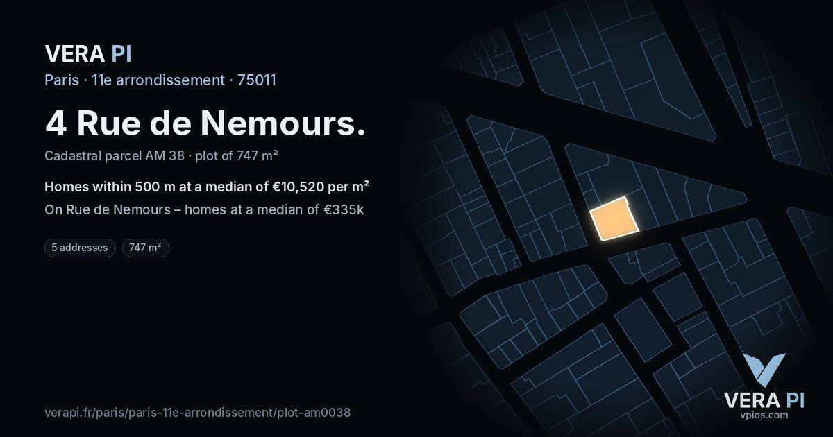 4 Rue de Nemours, 11e arrondissement at night – the plot lit, the parcels around coloured by the prices near them