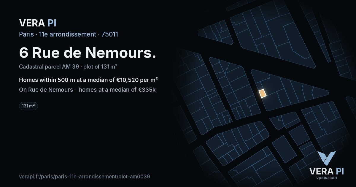 6 Rue de Nemours, 11e arrondissement at night – the plot lit, the parcels around coloured by the prices near them