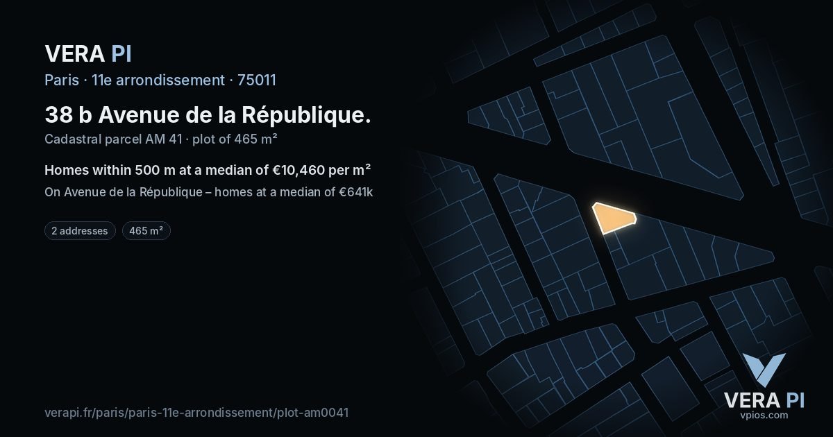 38 b Avenue de la République, 11e arrondissement at night – the plot lit, the parcels around coloured by the prices near them