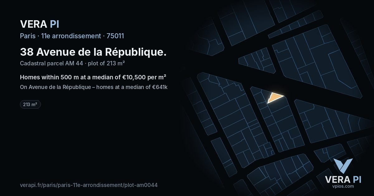 38 Avenue de la République, 11e arrondissement at night – the plot lit, the parcels around coloured by the prices near them
