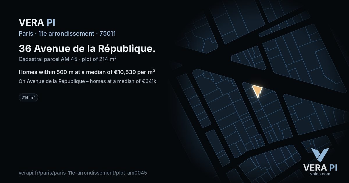 36 Avenue de la République, 11e arrondissement at night – the plot lit, the parcels around coloured by the prices near them