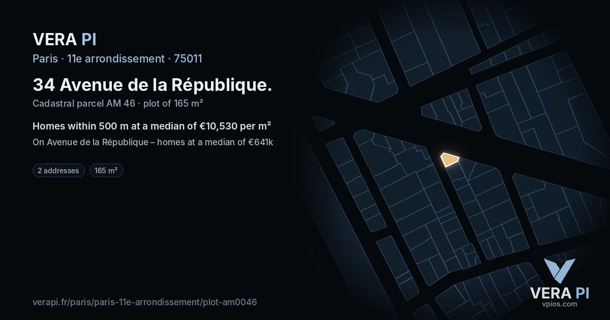 34 Avenue de la République, 11e arrondissement at night – the plot lit, the parcels around coloured by the prices near them