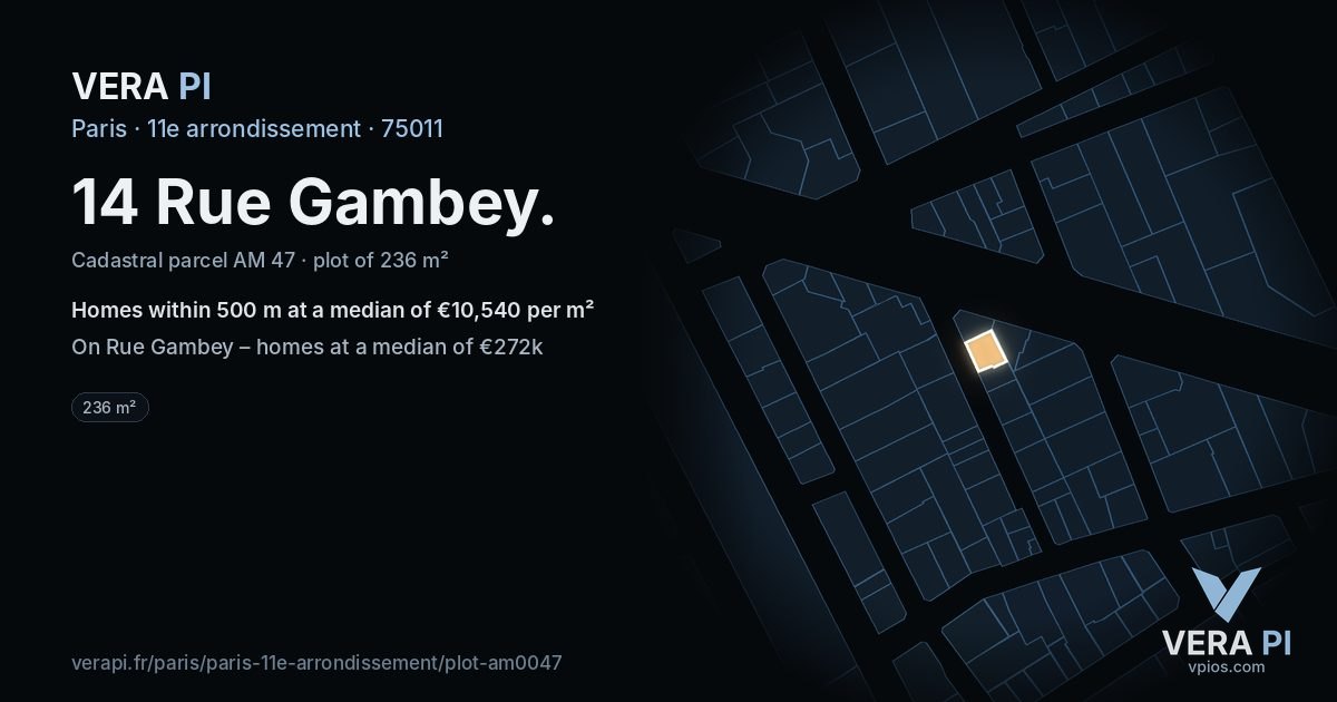 14 Rue Gambey, 11e arrondissement at night – the plot lit, the parcels around coloured by the prices near them